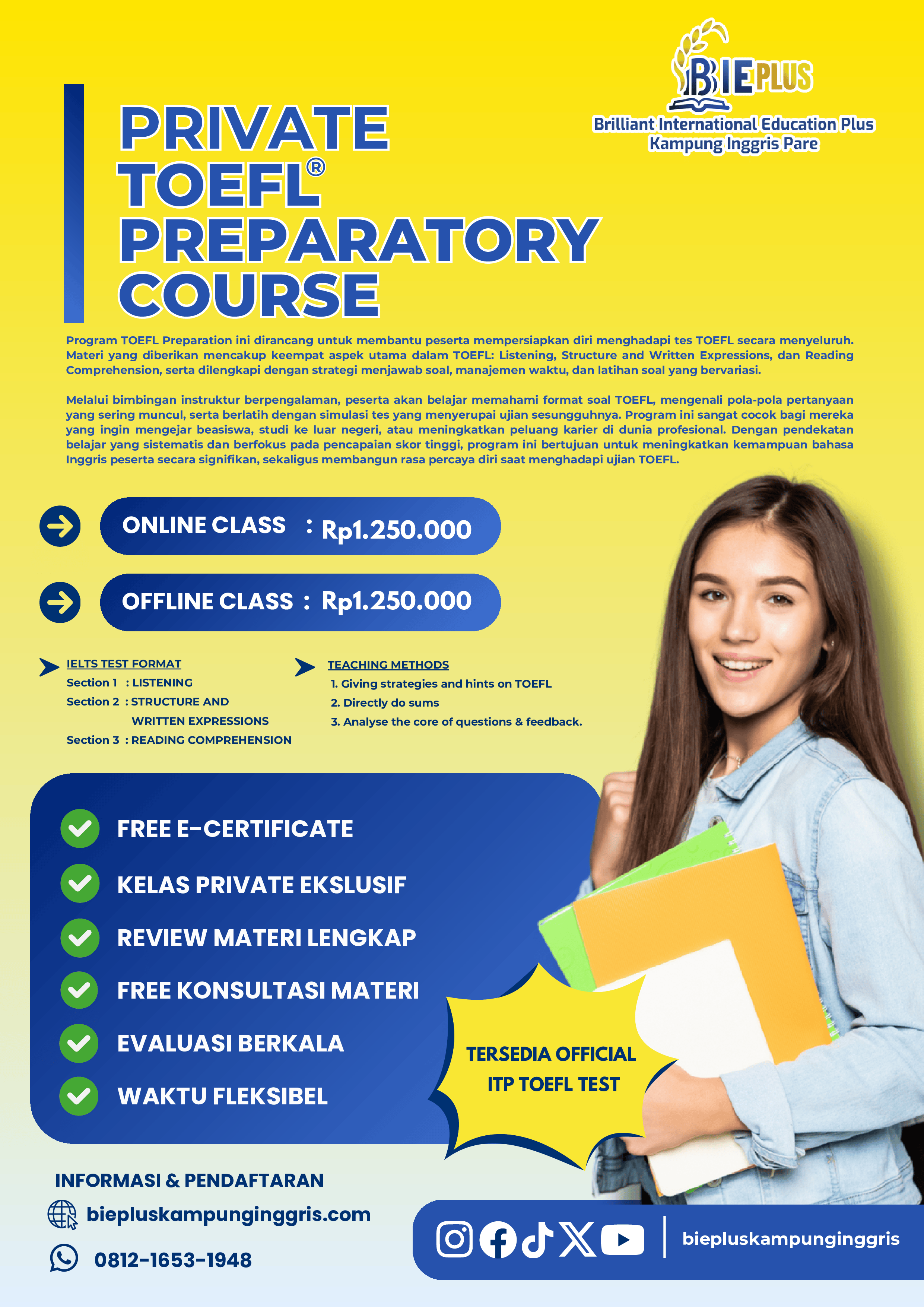 Private TOEFL® Preparatory Course (Oleh Brilliant International Education Plus - Kampung Inggris Pare)